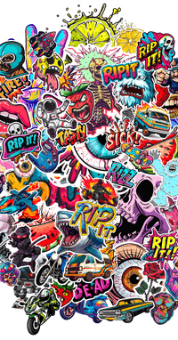 Rip It Stickers showing a collage if stickers like lips, skulls, angry strawberry, sick! Shark etc.