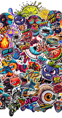 Rip It Stickers showing a collage if stickers like lips, skulls, angry strawberry, sick! Shark etc.